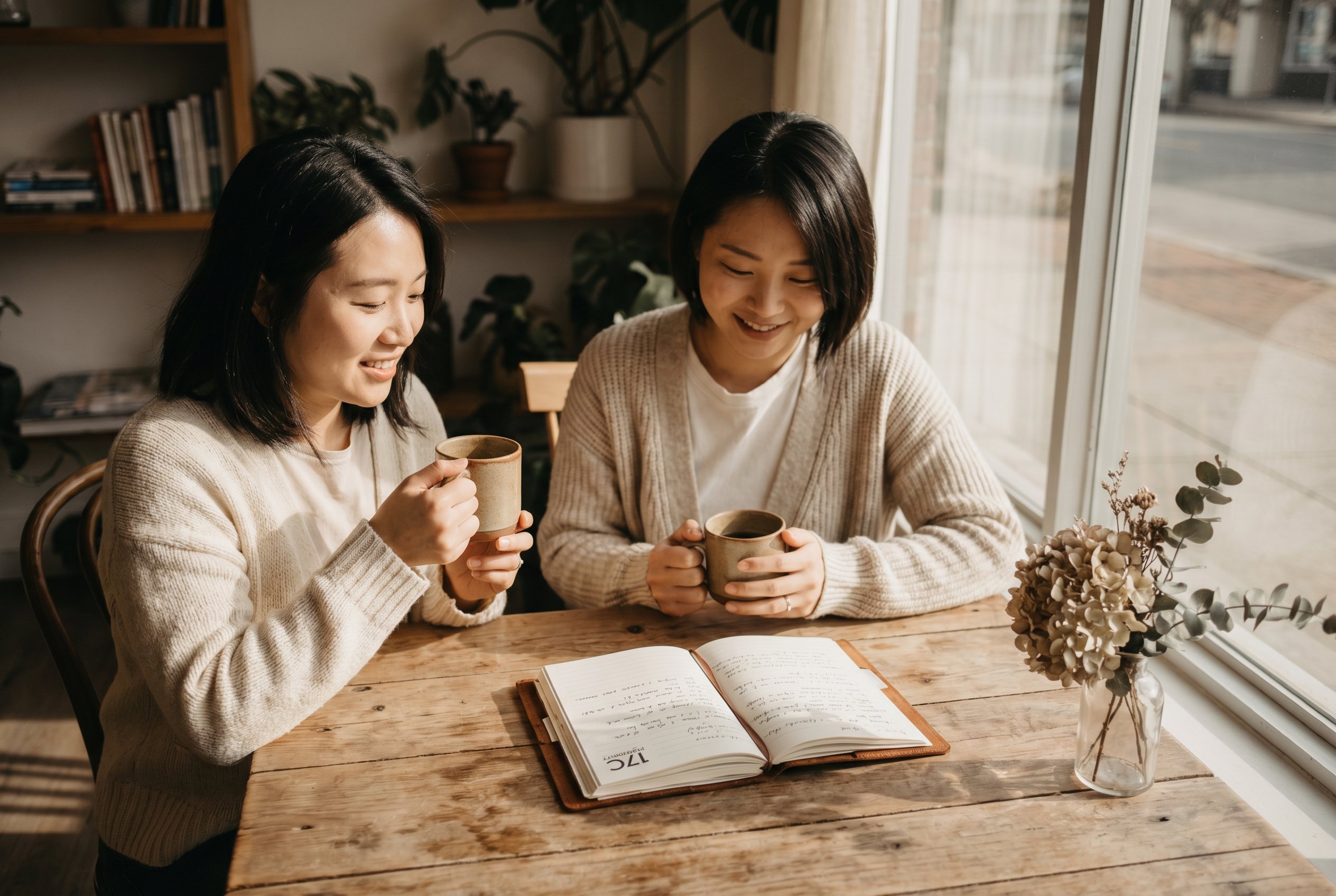 17C品牌手记，两位女性在咖啡馆温暖交流，jwsccju.cn
