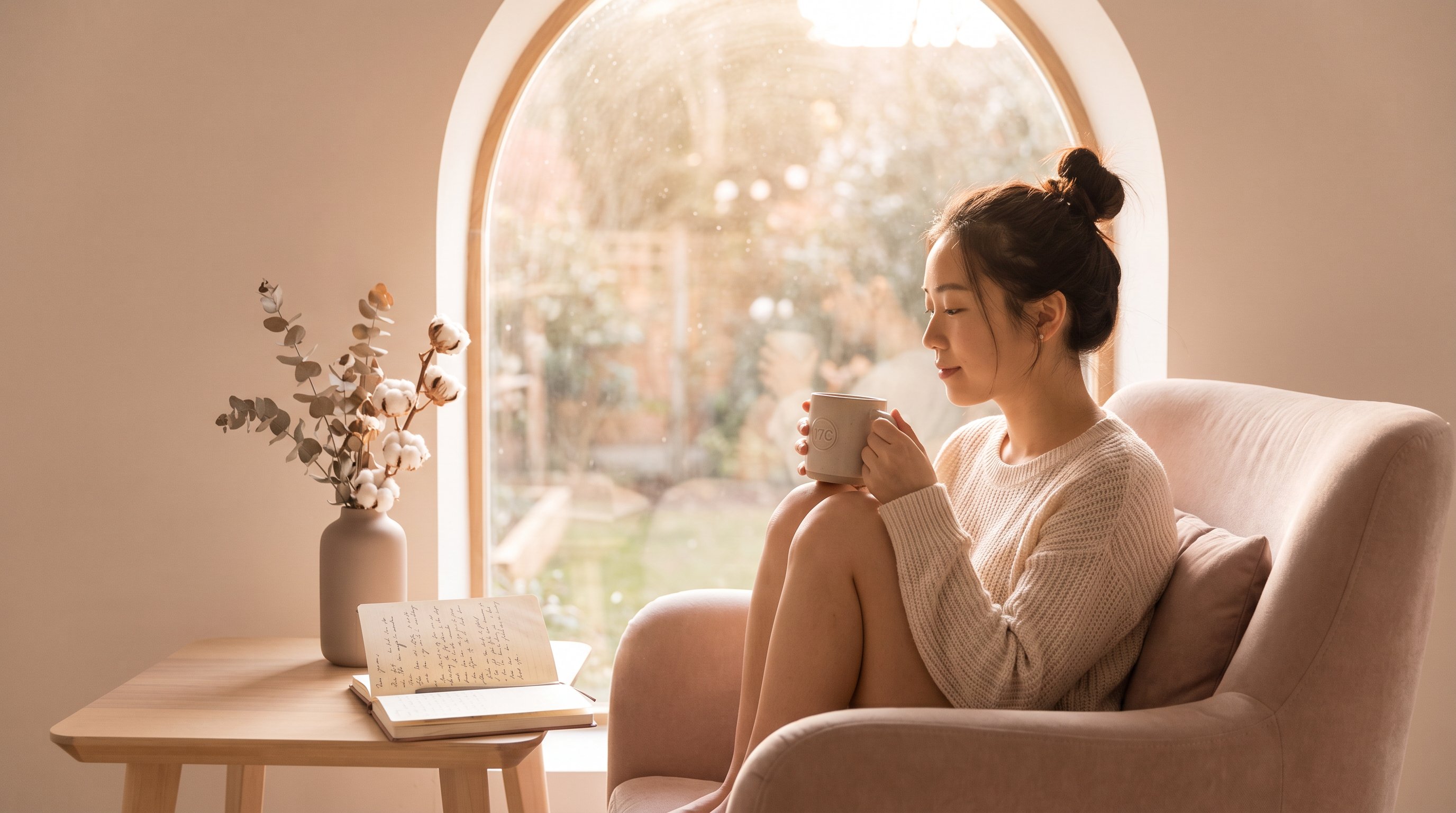 17C女性疗愈品牌首屏，温柔的女性坐在窗边品茶，jwsccju.cn